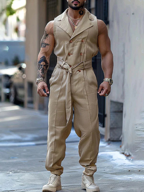 Mens Double-Breasted Solid Color Sleeveless Jumpsuit