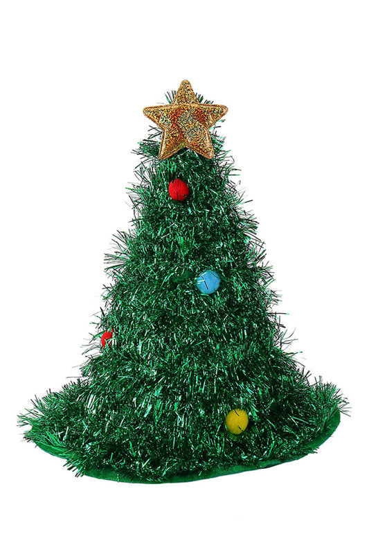 Christmas Tree Hat with Multicolor Tinsel and Star Decor