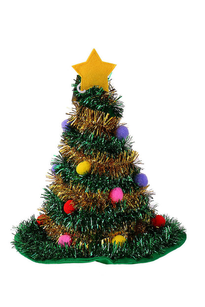 Christmas Tree Hat with Multicolor Tinsel and Star Decor