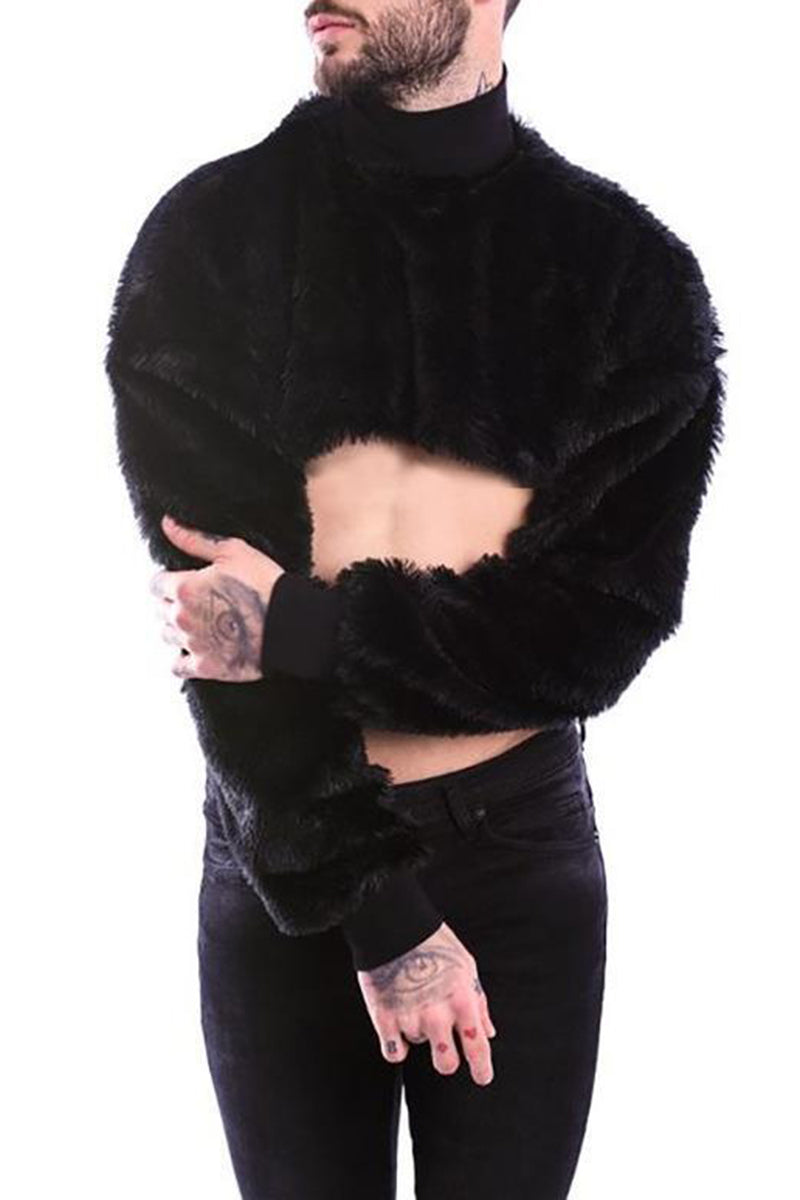 Faux Fur Long Sleeve Black Crop Top