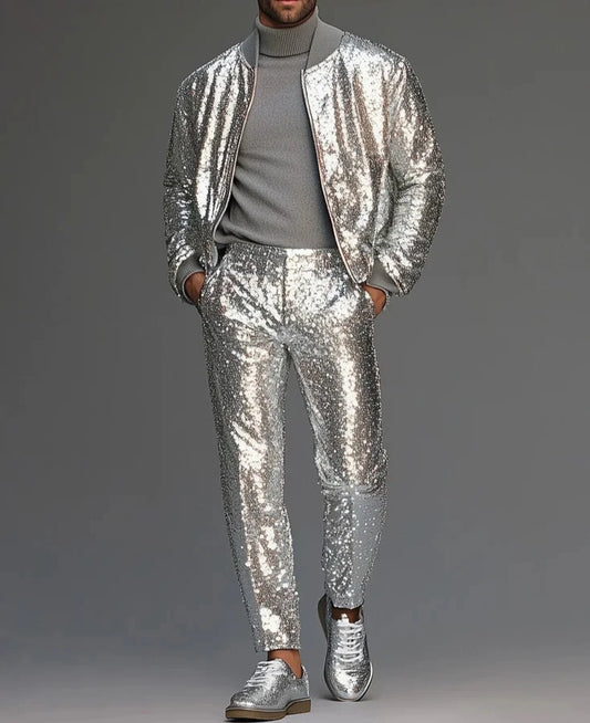 Fabpride Sequin Stand Collar Long Sleeve Zip-Up Jacket