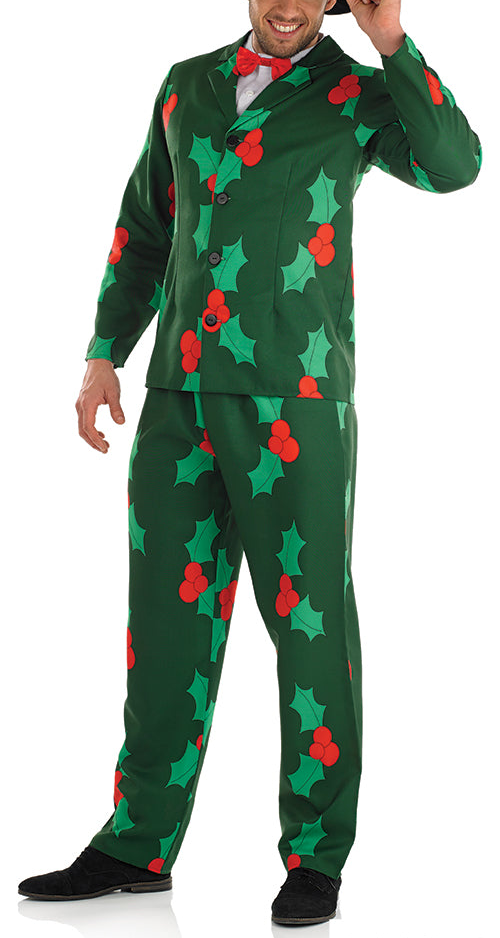 Jolly Men's Holly Print Christmas Suit with Hat