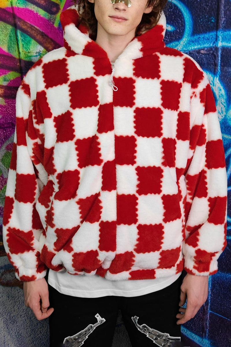 Christmas Checkerboard Faux Fur Long Sleeve Hoodie