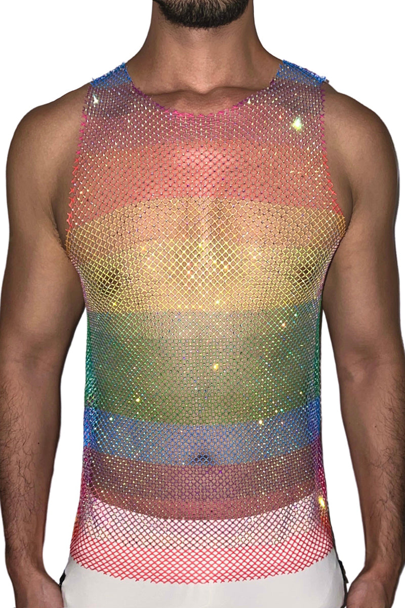 Unisex Shiny Mesh Rhinestone Raw Cut Festival Tank Top