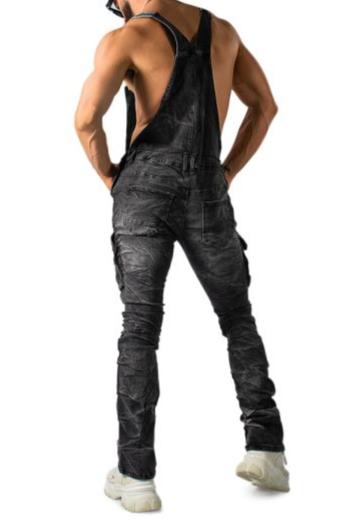 Fabpride Crinkle-Effect Black Overalls with Adjustable Straps