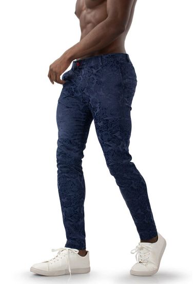 Stylish Navy Floral Jacquard Slim Fit Trousers