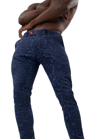 Stylish Navy Floral Jacquard Slim Fit Trousers