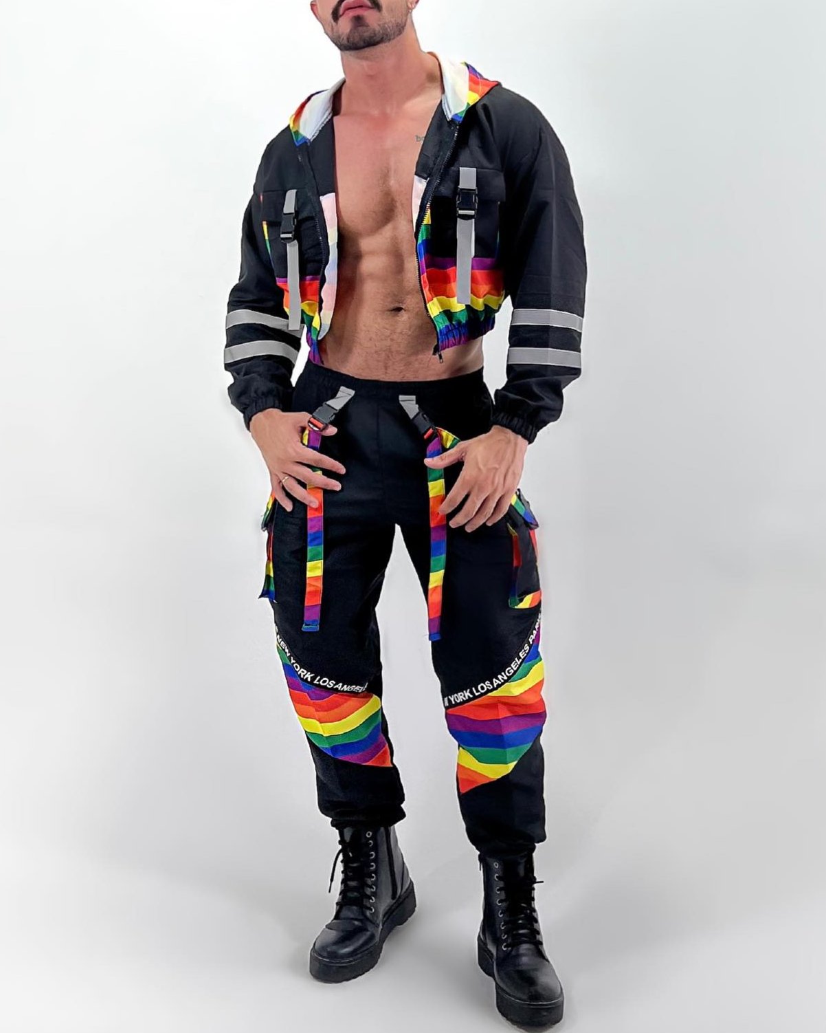 Fabpride Rainbow Striped Hooded Jacket and Cargo Pants Set