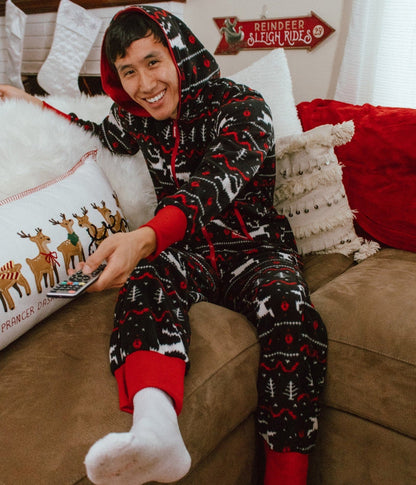 Festive Fair Isle Jumpsuit in Black and Red for Men