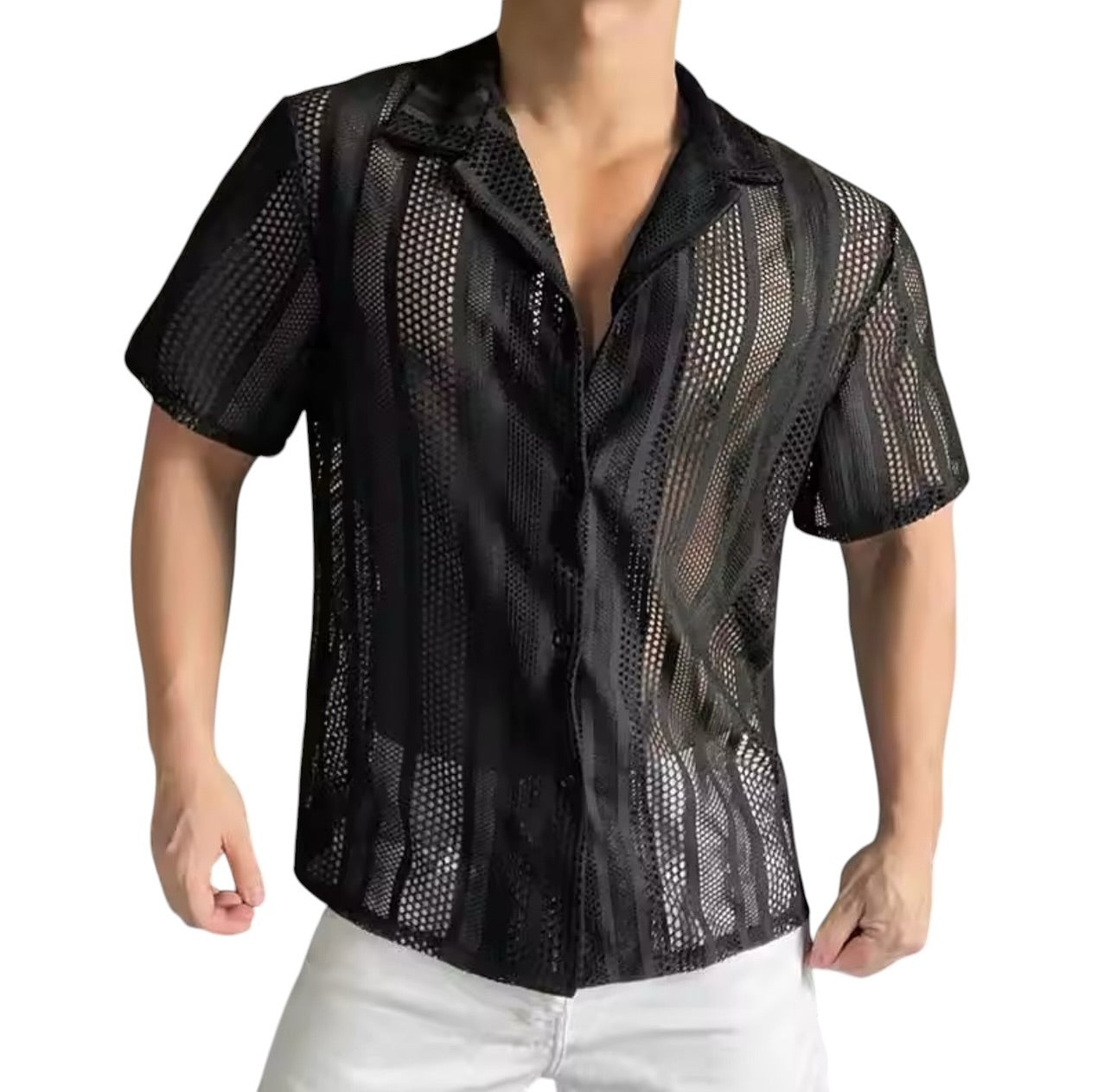 Fabpride Men's Sheer Striped Mesh Shirt