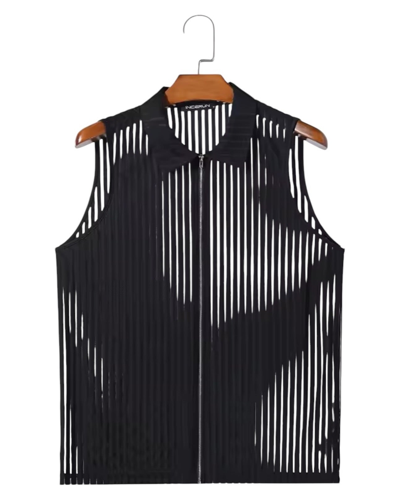 Fabpride Men's Striped Mesh Sleeveless Shirt with Zipper